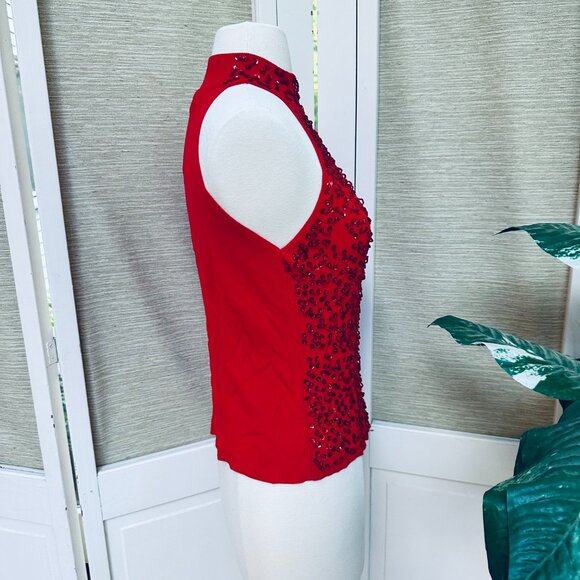 Vintage 90s Sleeveless Sequined Beaded Red Tank Sweater Dressy Xmas Sweater - Picture 4 of 7